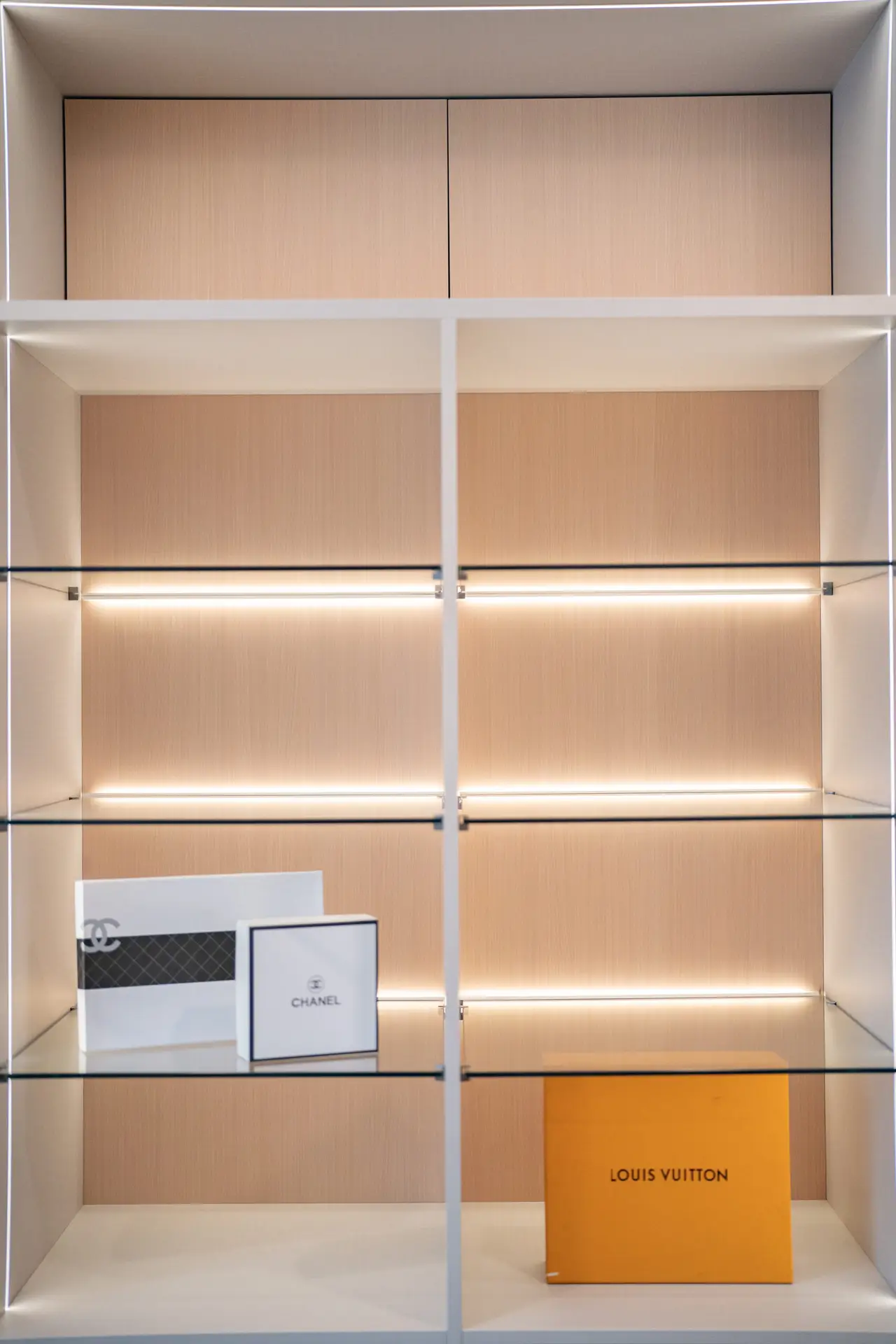 LED-lit custom closet shelving and hanging sections with built-in premium cabinetry
